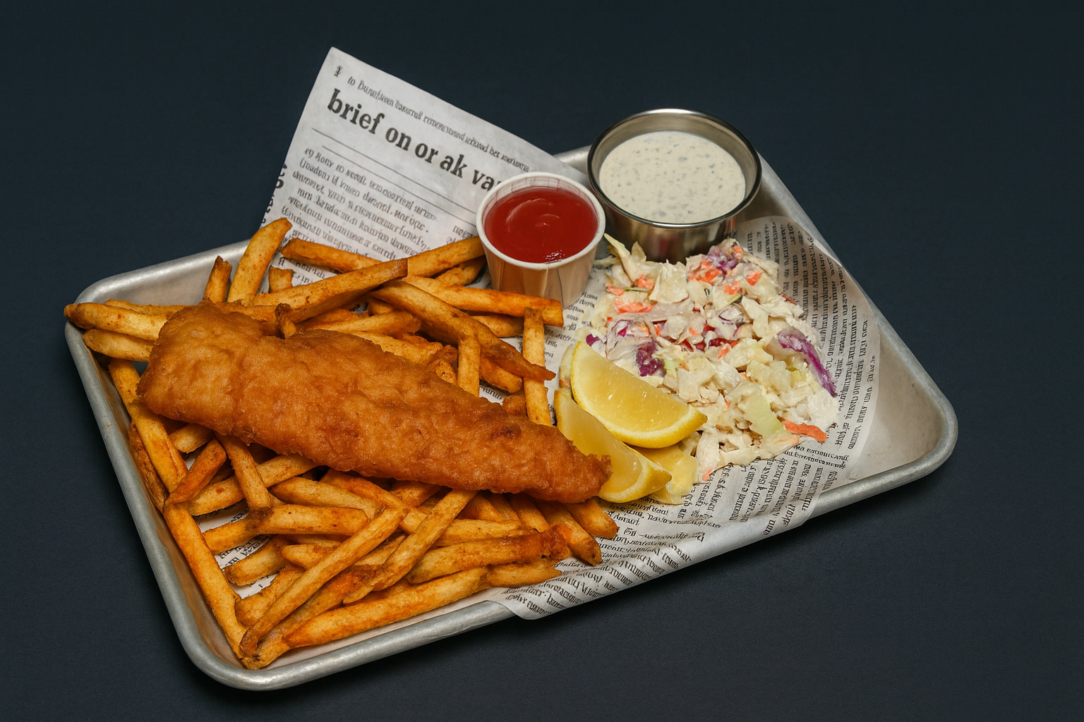 Beer-Battered Haddock & Chips – house batter, slaw, lemon and tartar