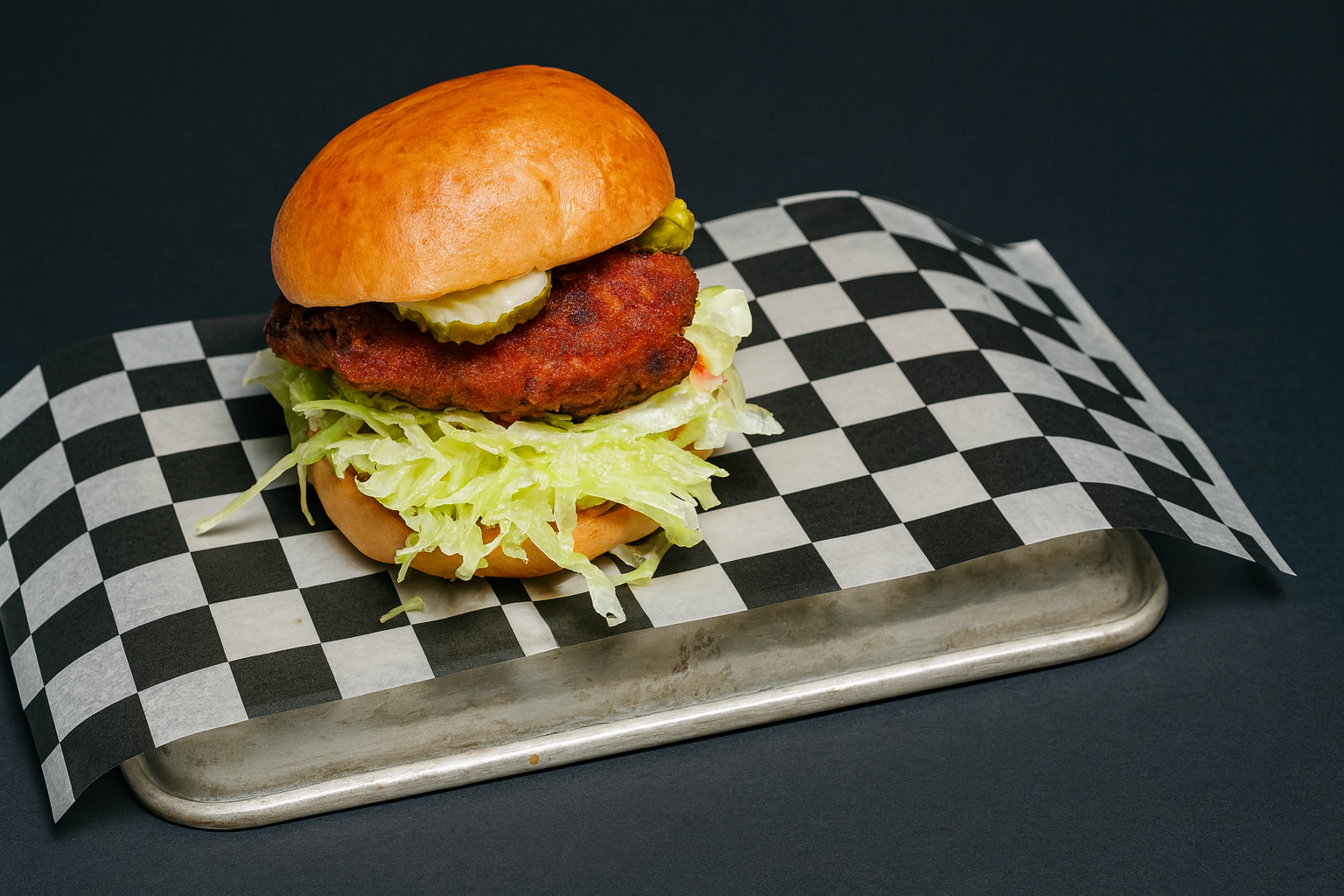 Nashville Hot Chicken Burger – fiery spices with garlic aioli, slaw and pickles