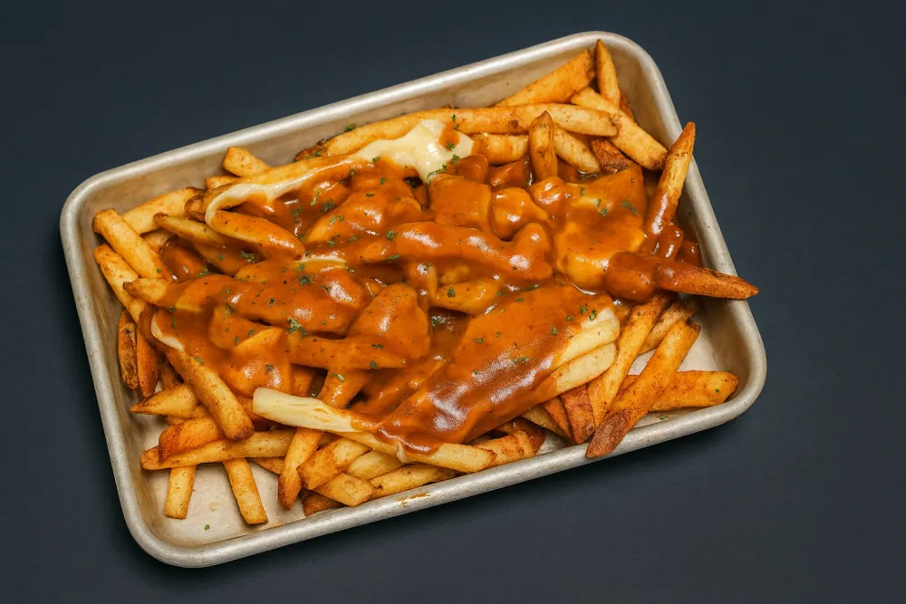 Smashed HQ curry poutine with cheese curds